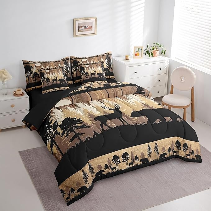 Feelyou Rustic Bear Deer Comforter Set 7 Pieces Wildlife Hunting Theme Bed in a Bag Wild Animal Bedding Set Twin Size Bedroom Decor Wooden Board Bed Set with Comforter, Sheet Set, Pillowcases