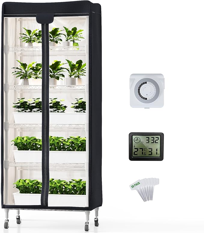 PYY Indoor Greenhouse with Grow Light - Upgrade Heavy Duty Metal 5 Tier Portable Outdoor Plant Green House Cabinet with Wheels, 600D Oxford Tent Cover, 60W PPFD T8 LED, Timer, Thermometer,Black