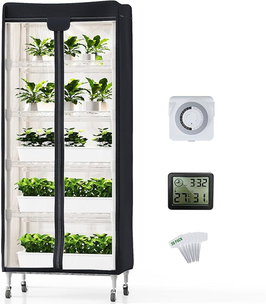 PYY Indoor Greenhouse with Grow Light - Upgrade Heavy Duty Metal 5 Tier Portable Outdoor Plant Green House Cabinet with Wheels, 600D Oxford Tent Cover, 60W PPFD T8 LED, Timer, Thermometer,Black