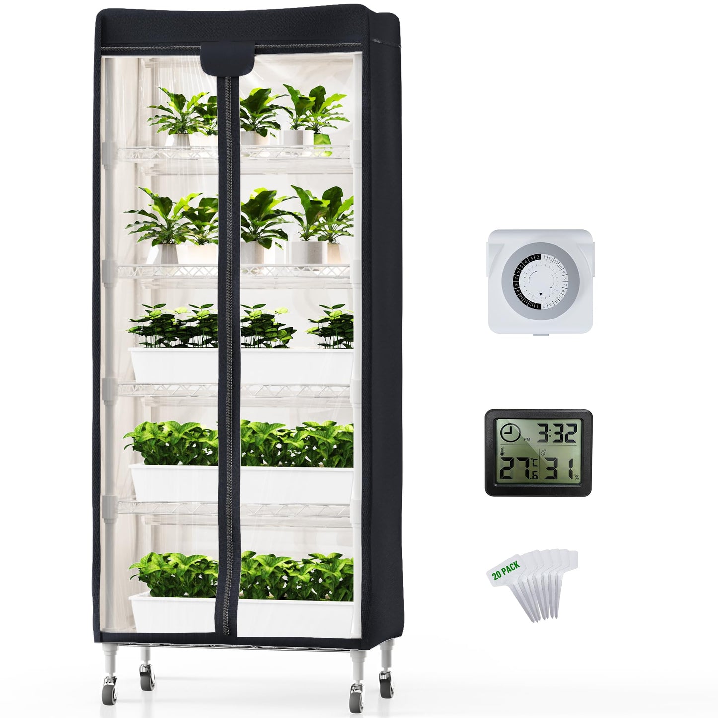 PYY Indoor Greenhouse with Grow Light - Upgrade Heavy Duty Metal 5 Tier Portable Outdoor Plant Green House Cabinet with Wheels, 600D Oxford Tent Cover, 60W PPFD T8 LED, Timer, Thermometer,Black