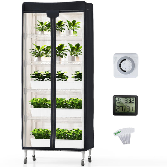PYY Indoor Greenhouse with Grow Light - Upgrade Heavy Duty Metal 5 Tier Portable Outdoor Plant Green House Cabinet with Wheels, 600D Oxford Tent Cover, 60W PPFD T8 LED, Timer, Thermometer,Black