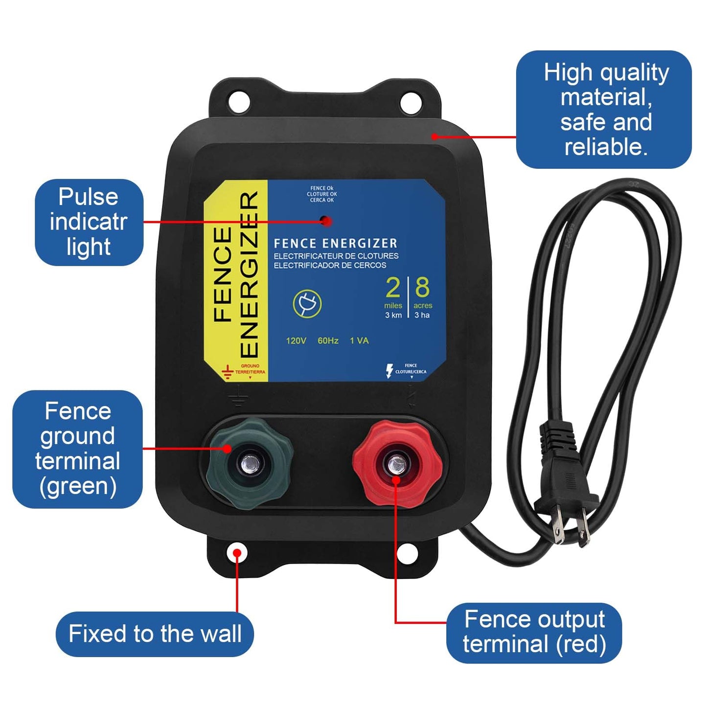 PE2 Electric Fence Charge Electric Fence Energizer, 2-Mile/ 8 Acres Electric Fence Charger,Livestock Fence Chargers for Containing Dogs, Livestock and Preventing Wild Animals Intruding