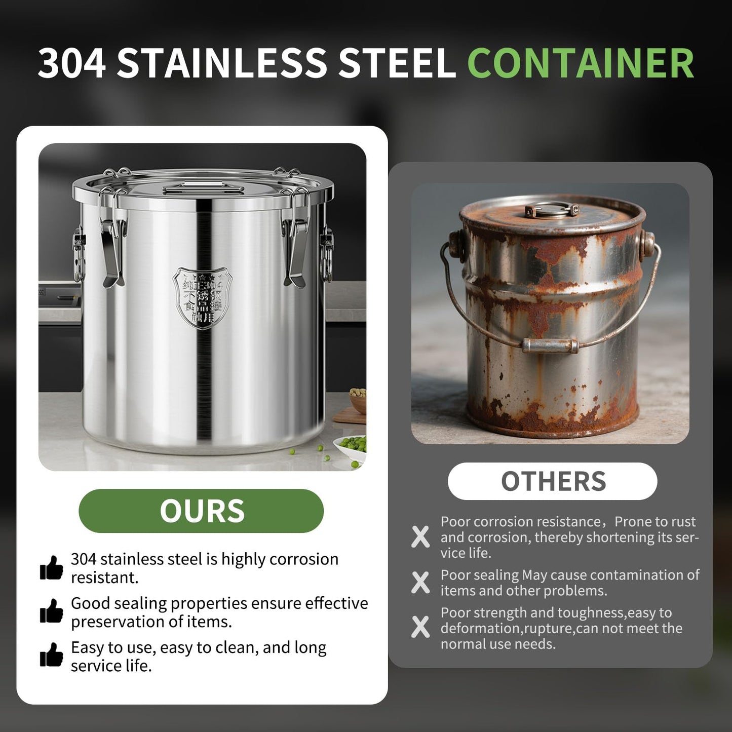 SWRONP 304 Stainless Steel food Storage Containers,3.2 Gal/12L Airtight Stainless Steel Bucket With lids,405oz Flour Storage Container,Metal Airtight Canister for Rice,Grain,Coffee Bean,Dog Food