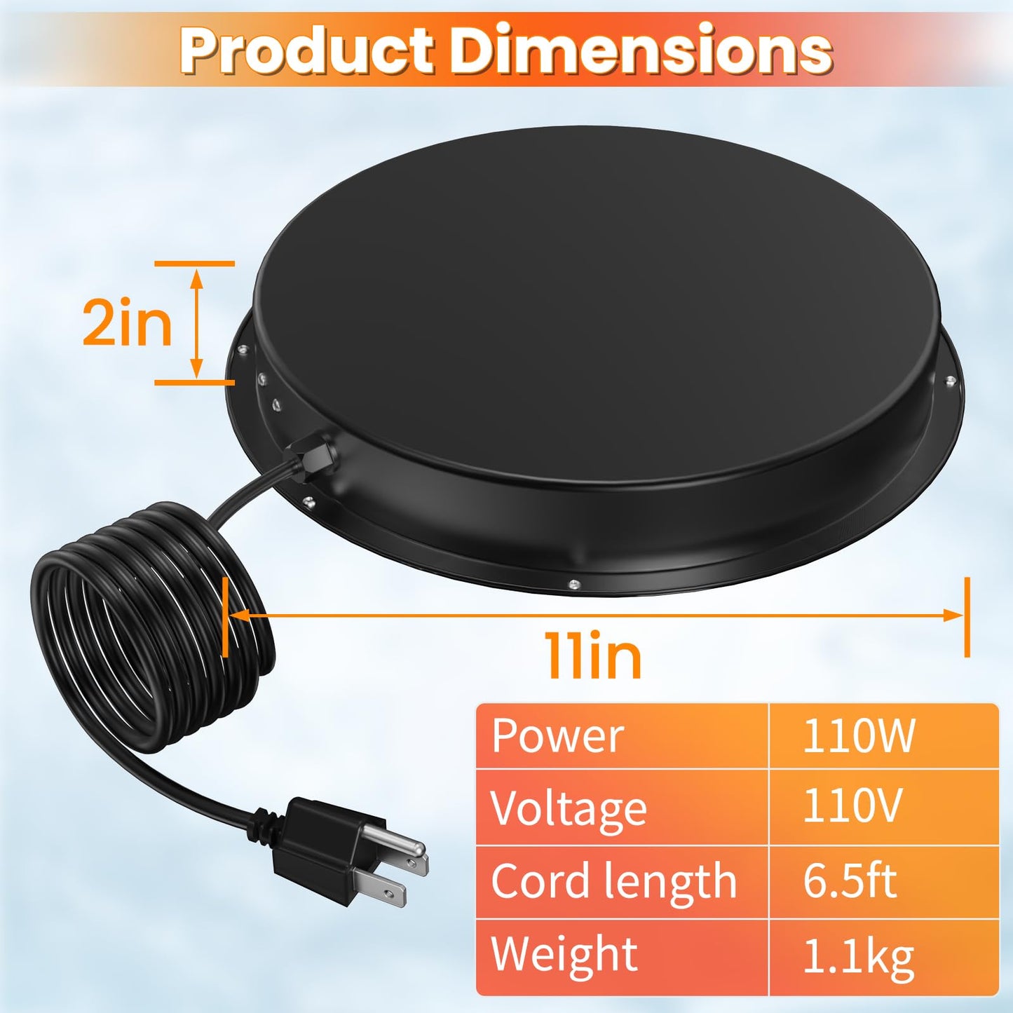 Chicken Water Heater, 11 inch Heated Chicken Waterer Base, Heating Base for Plastic & Metal Chicken Poultry Waterers, 77℉ Automatic Shut-Off Chickens Water Heater Pad with 6.5ft Power Cord (Black)