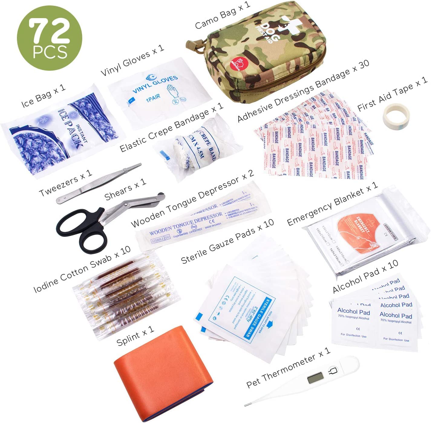 Portable Dog First Aid Kit 72 PCS Medical Supplies with Thermometer Emergency Blanket Splint Pet Emergency Bag for Camping Walking Cycling Car Hiking