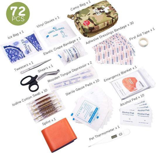 Portable Dog First Aid Kit 72 PCS Medical Supplies with Thermometer Emergency Blanket Splint Pet Emergency Bag for Camping Walking Cycling Car Hiking
