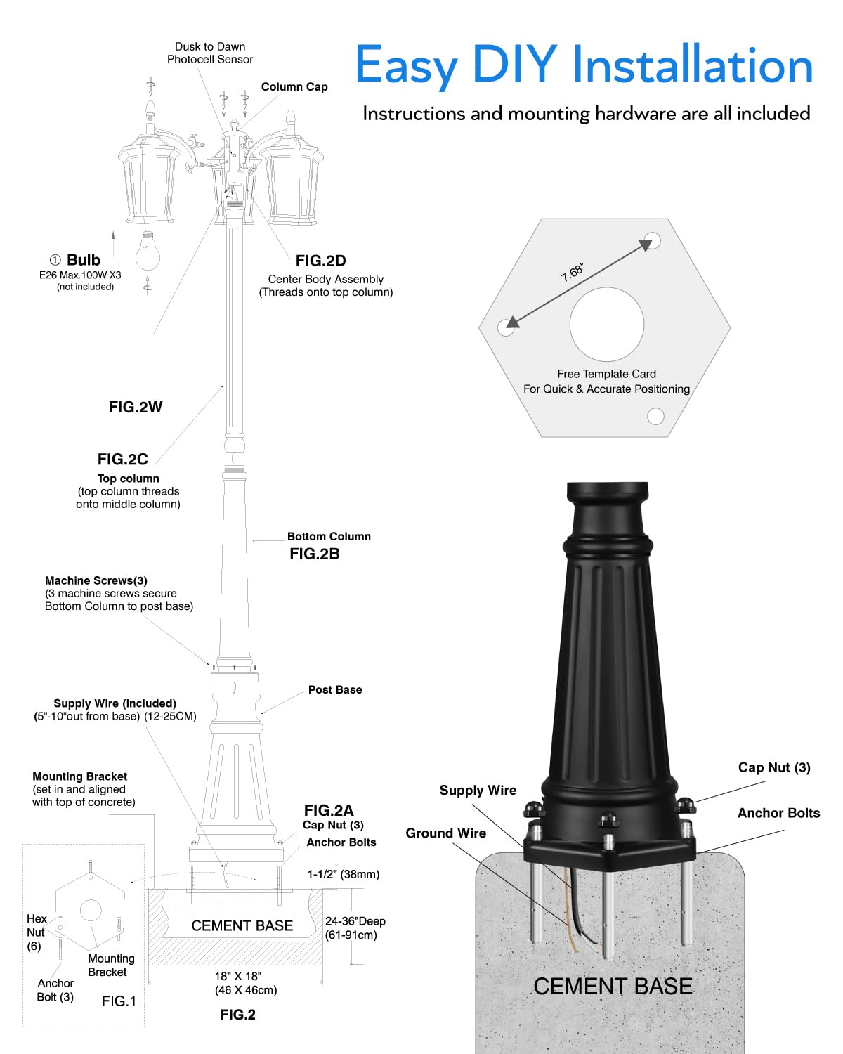 VIANIS Outdoor Lamp Post Light with Outlet 3-Head, Anti-Rust Lamp Posts Outdoor Lighting Dusk to Dawn, Waterproof Street Light Pole for Garden, House, Doorway, Weather Resistant
