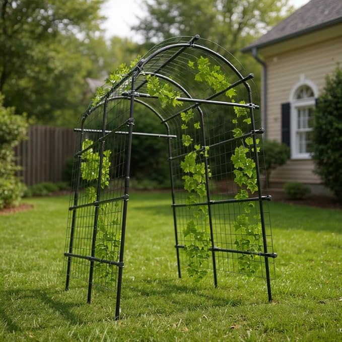 7.5FT Garden Arch Trellis with Netting, Heavy Duty Metal Climbing Plant Support, Adjustable 35''-45'' Wide Pergola Arbor for Vines, Flowers & Outdoor Wedding, Black