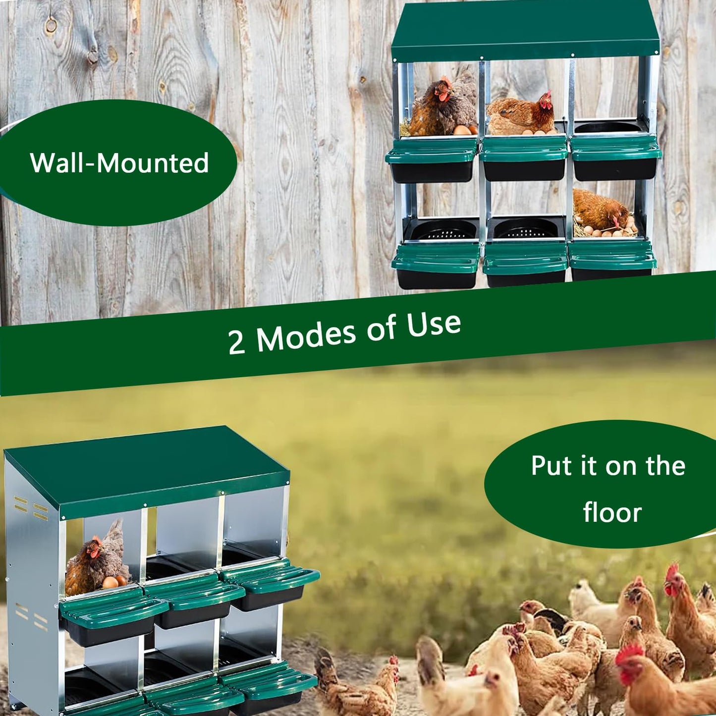 Chicken Nesting Boxes, 6 Holes Metal Chicken Egg Laying Box with Swing Perch and Rollout Egg Collection,for Various Chicken Breeds Without Stand - Green 0.6mm