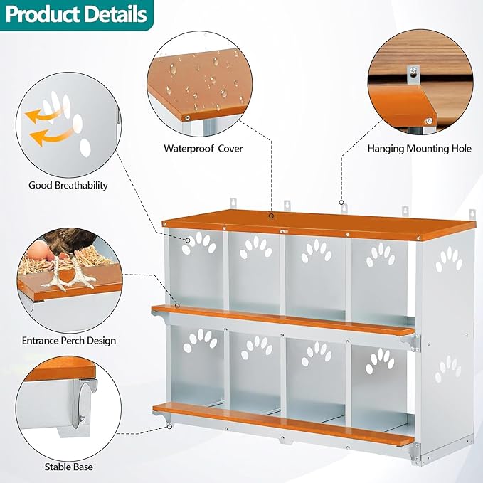 8 Compartment Chicken Nesting Box, Metal Nesting Boxes for Chicken, Indoor & Outdoor Use, Wall Mountable Laying Boxes for Hens, 42.5" L x 13.0" W x 25.0" H, Orange