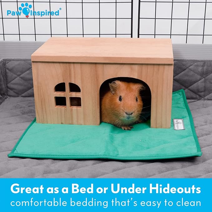 Paw Inspired Guinea Pig Cage Liner Pads | Washable Fleece Bedding, Waterproof Bottom | Super Absorbent Pee Pad or Pet Bed Mat for Guinea Pigs, Ferrets, Rabbits, Hamsters, Small Animals (12x12, Green)