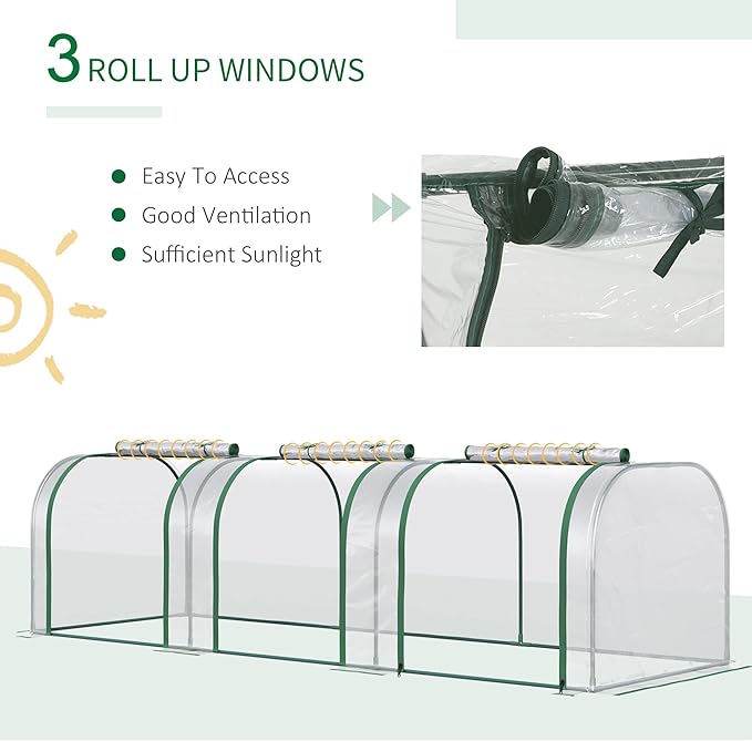 Outsunny 10' x 3' x 2.5' Mini Greenhouse, Portable Tunnel Green House with Roll-Up Zippered Doors, UV Waterproof Cover, Steel Frame, Clear