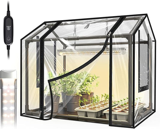 Bstrip Indoor Greenhouse with Grow Light, Mini PVC Tent with PE Base Mat, Ventilation Windows & Zippered Door, 18W Tabletop Greenhouse Light for Seed Starting with Timer, 23.8" x 15.7" x 20.5"