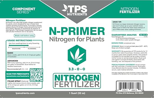 TPS NUTRIENTS N-Primer Nitrogen Supplement for Fast Vegetative Growth, Promotes Dark Green Leaves Quart (32 oz)
