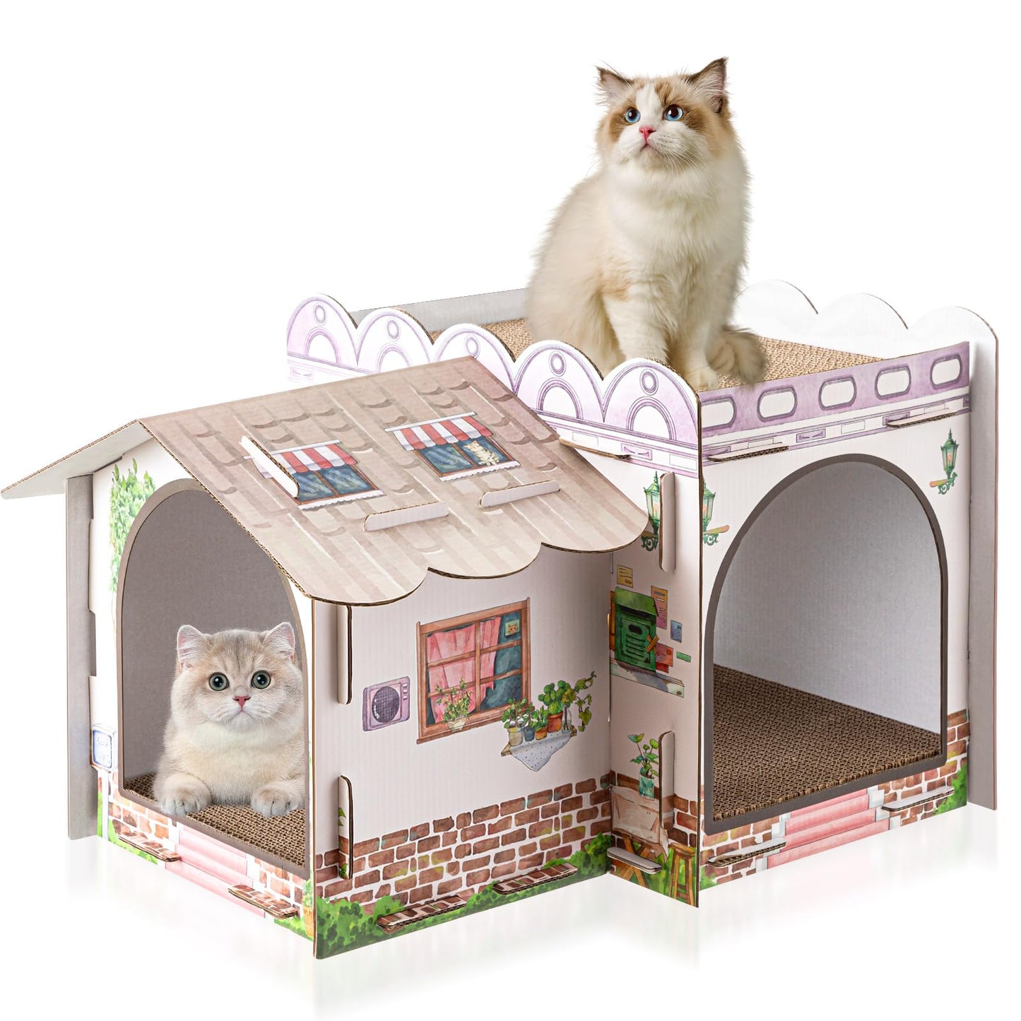 Lineshading Multi Level Cardboard Cat House with 3 Scratchers Large Sturdy Country House Themed Cat Villa 17"x12"x10" Cute Pet Condo Beds Toys Hideout for Bunny Small Animals Birthday Party