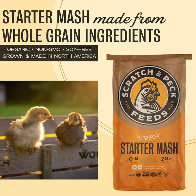 Scratch and Peck Feeds Whole Grain Starter Mash Chicken and Duck Feed - 40 lbs Bag - Corn-Free and Soy-Free - 20.5% Protein, Certified Organic and Non-GMO Project Verified Chicken Food