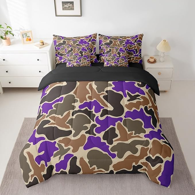 Feelyou Duck Hunter Purple Camouflage Hunting 7 Pieces Bedding Set, Queen Size Black Brown All Season,Bed in a Bag with Comforter, Sheets, Pillowcases Camo Army Bed Set Breathable Wild Room Decor