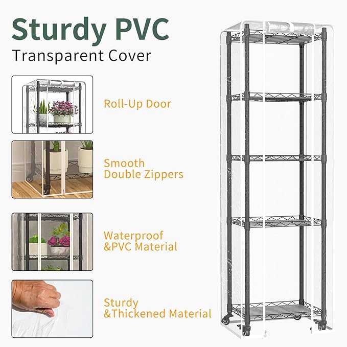 Indoor Greenhouse with Grow Lights,with 40W Full Spectrum Growing Lamps for Seed Starting, 5 Tier 15.7" L×11.8" W×62.3" H Mini Greenhouse，Grow Light Shelf with Tent and Thermometer