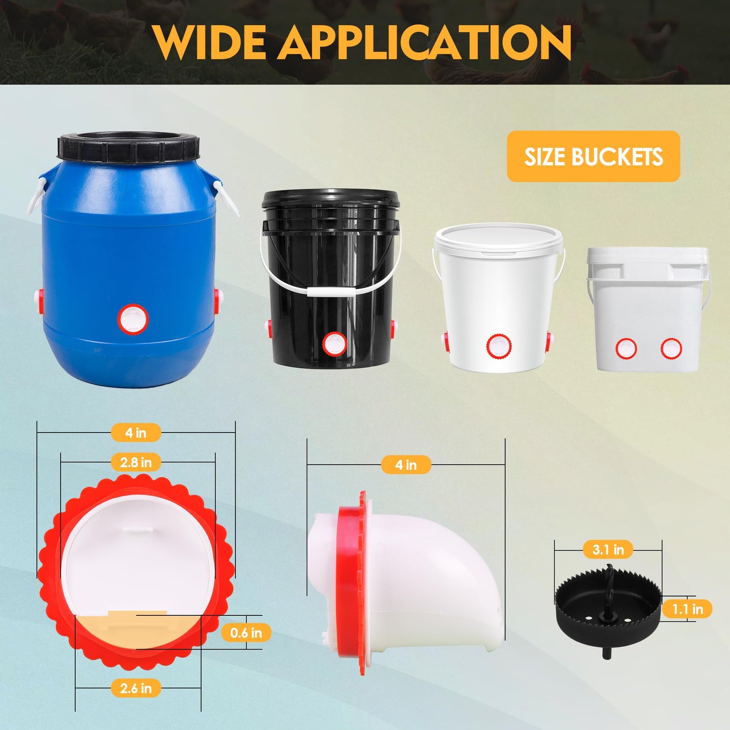 4Pcs Chicken Feeder Port, 3rd Gen Automatic Chicken Feeder No Waste, Waterproof Chicken Feeders with Raised Baffle & 1 Drill Bit, Poultry Feeder for Buckets, Barrels, Bins, Troughs