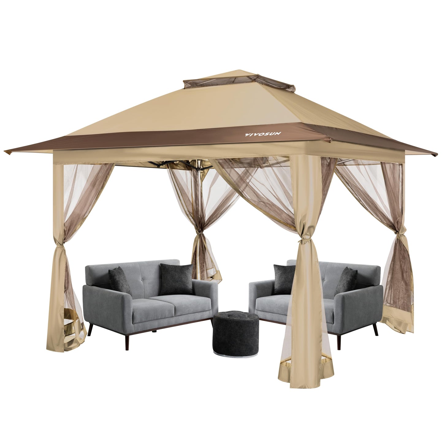 VIVOSUN 13 x 13 Pop Up Canopy Tent, Quick Setup Canopy Shelter with Mosquito Netting, Center Lock, Storage Bag, Instant Outdoor Gazebo for Parties, Patio, Lawn, Garden, Backyard, Khaki