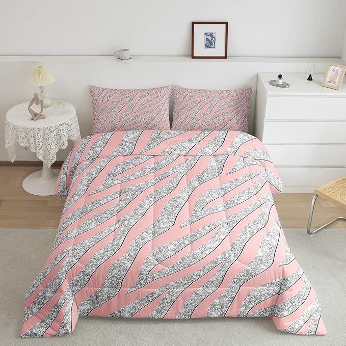 Women Leopard Bedding Set Girls Pink Silver Leopard Print Comforter Set for Kids Boys Teens Glitter Zebra Print Comforter Safari Animal Print Quilt Set Room Decor Duvet Set for All Season Queen Size