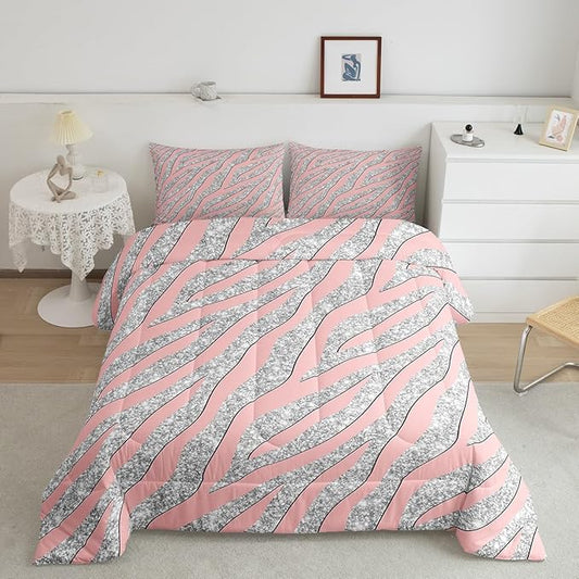 Women Leopard Bedding Set Girls Pink Silver Leopard Print Comforter Set for Kids Boys Teens Glitter Zebra Print Comforter Safari Animal Print Quilt Set Room Decor Duvet Set for All Season Queen Size