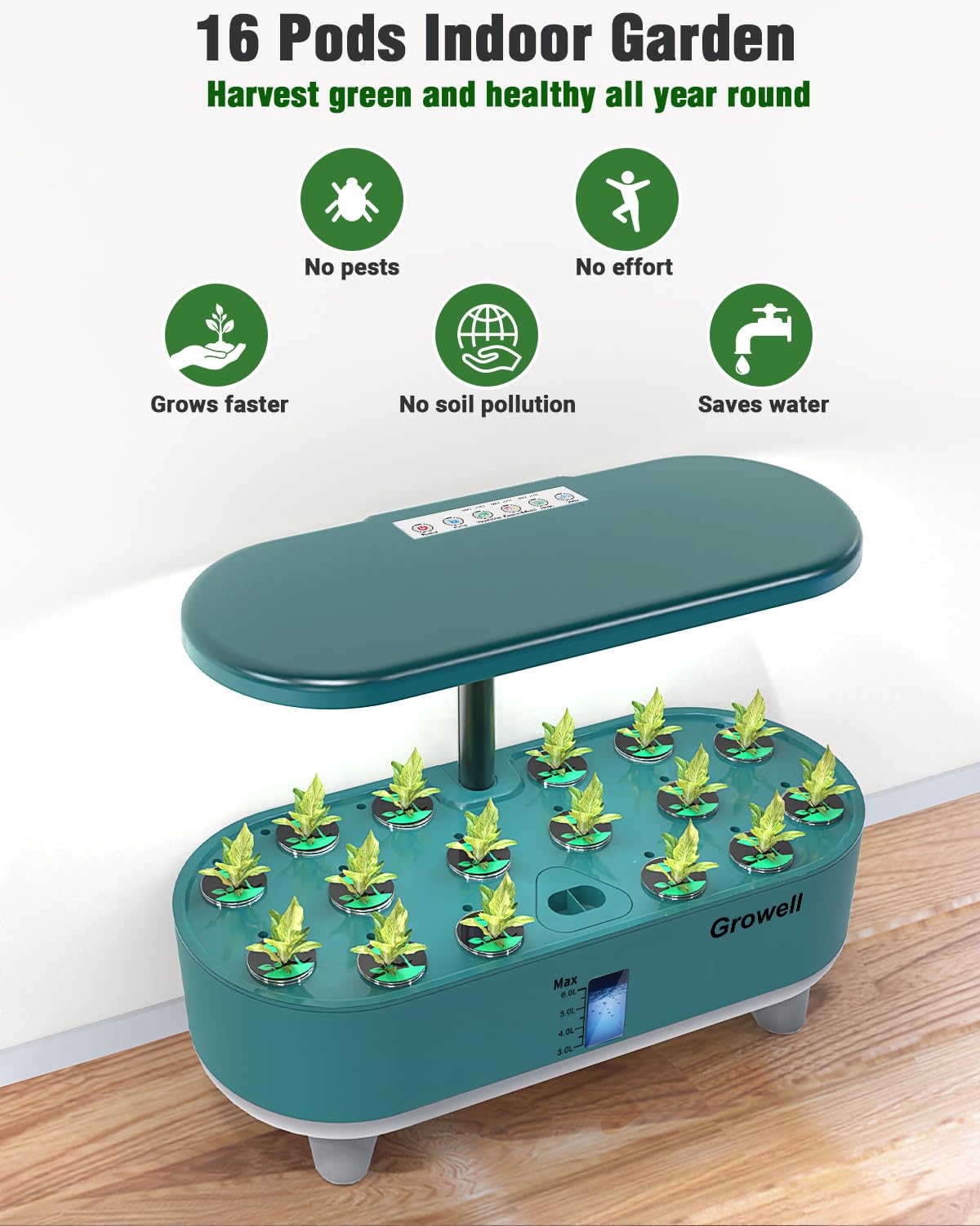 Growell 16 Pods Hydroponics Growing System Kit & 90 Pods Vertical Indoor Garden