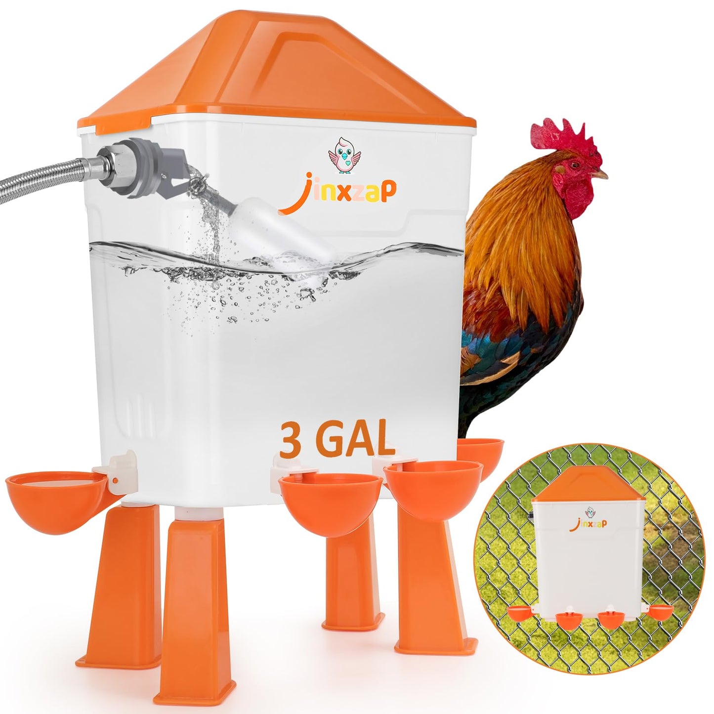 JinxZap 3 Gal Automatic Chicken Waterer with Float Valve, Automatic Chicken Watering System with 60-Inch Hose (One End 3/4''), Large Waterer for Chicken Duck Quail Turkey