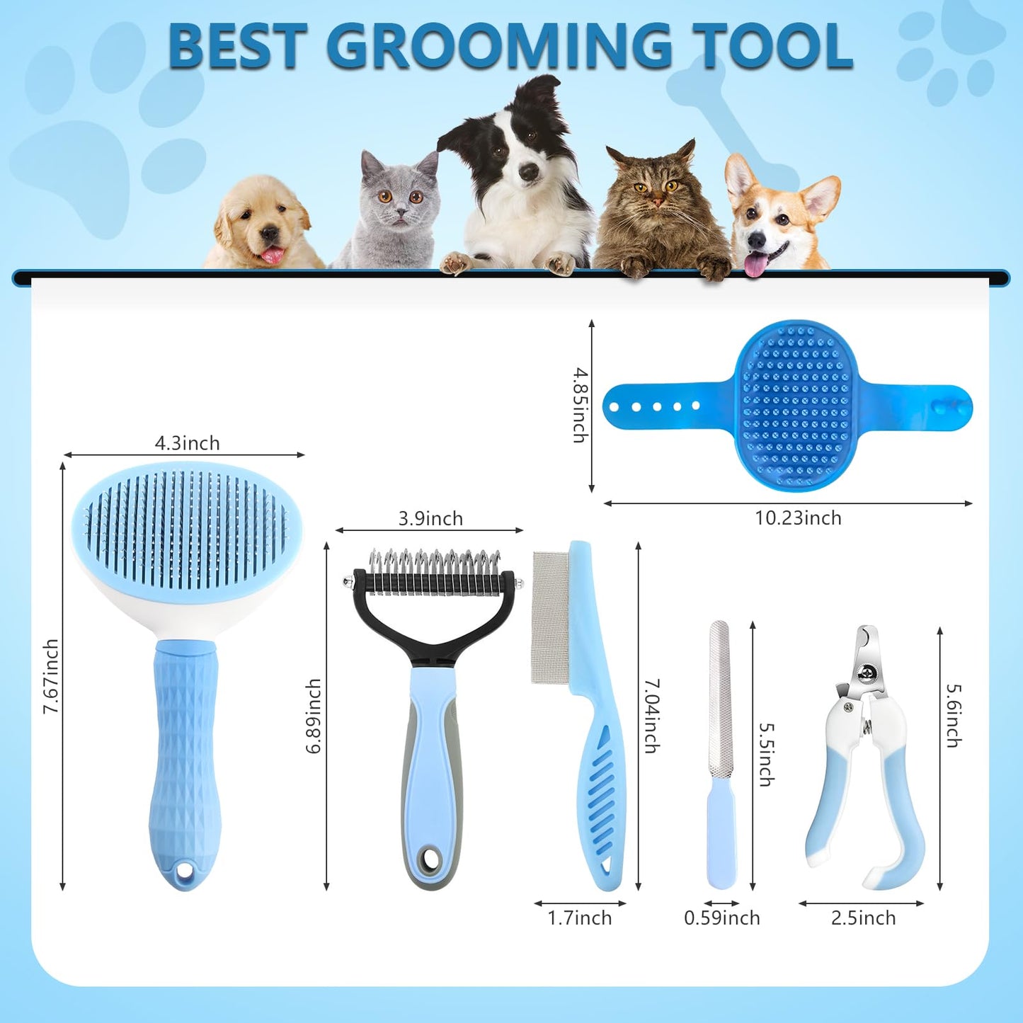 Lanswood Dog Brush Dog Grooming Kit 6PCS Dog Brush for Shedding-Dog Brushes for Grooming, Dematting Comb for Dogs, Cat Nail Clipper with Nail File, Flea Comb, Bath Brush-Blue