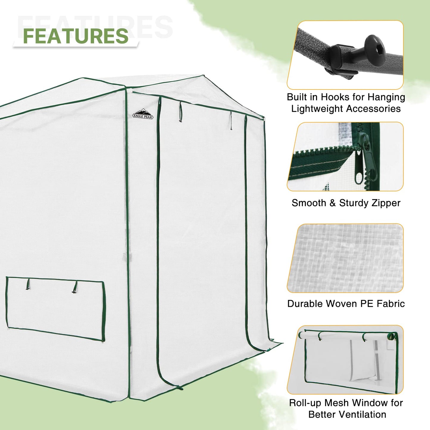 EAGLE PEAK Instant Pop-up Greenhouse, Indoor Outdoor Plant Gardening Green House, Roll-Up Zipper Doors and Side Windows, Heavy Duty Walk in 8x6 ft, Woven PE Top, White