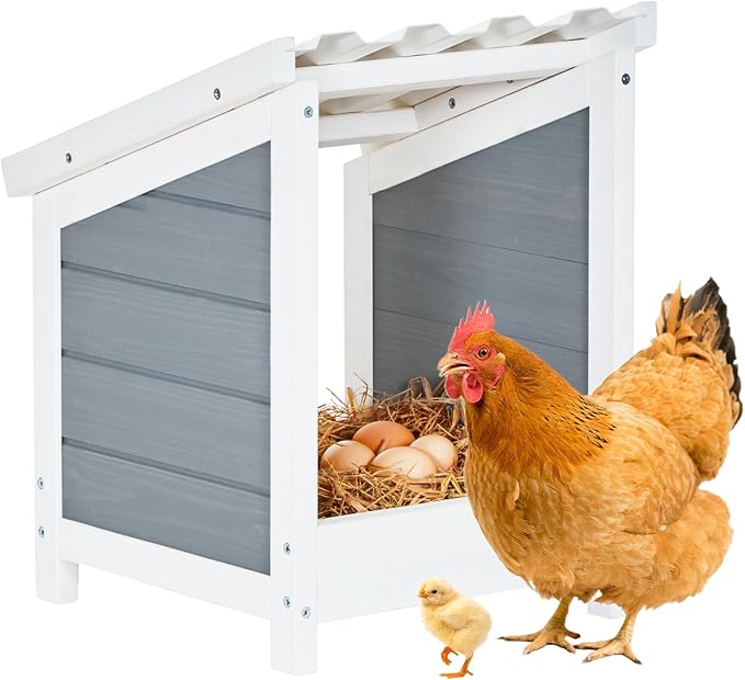 PETSFIT 1 Hole Chicken Nesting Box-All Weather PVC Roof, Natural Wood Design with Privacy Back Panel for Hens-Wall Mounted or Floor Use in Coops, Farms, Backyards,Easy to Assemble and Clean