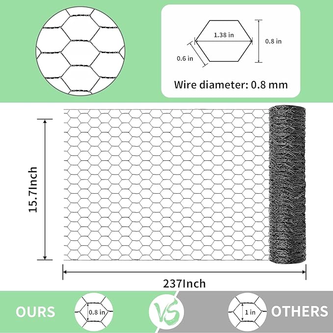 Chicken Wire 15.7 in x 237 in Poultry Wire Netting Hexagonal Galvanized Mesh Garden Fence Barrier for Pet Rabbit Chicken Fencing(PVC-Coated)