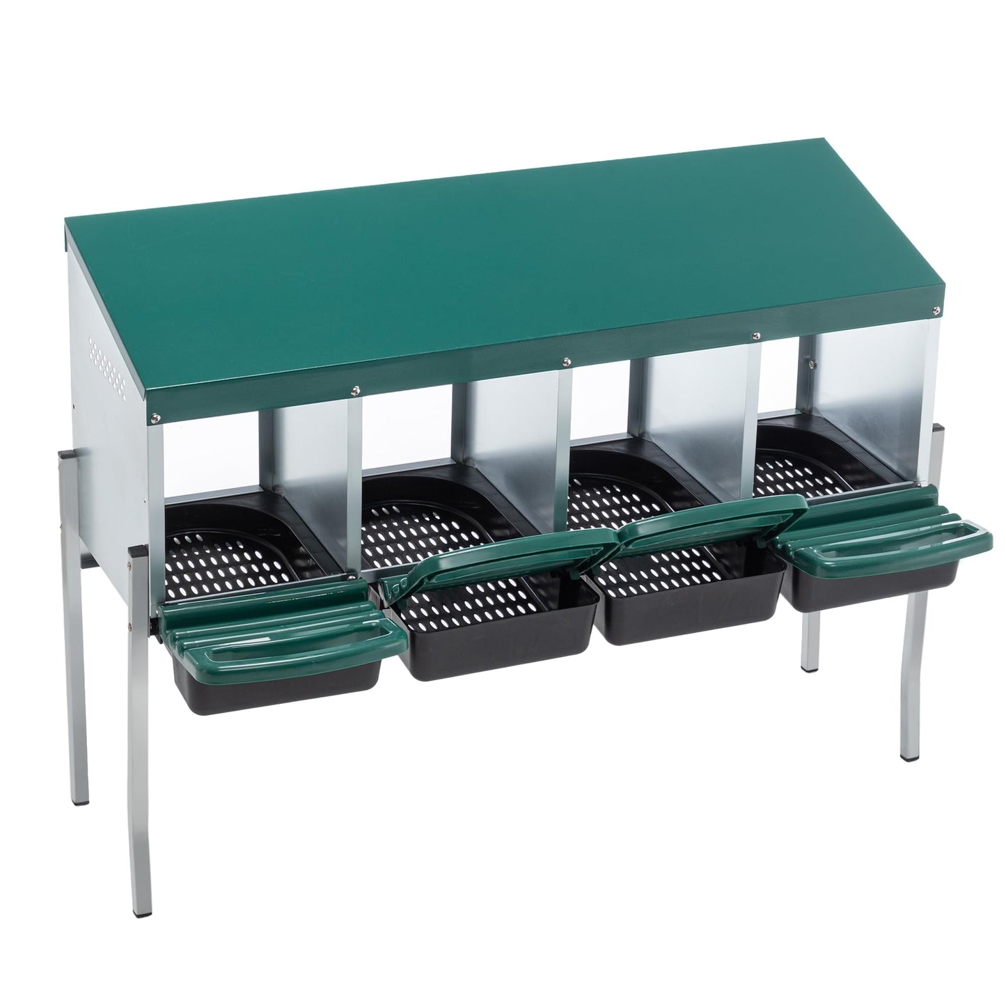 Chicken Nesting Box, 4 Compartment Metal Laying Box, Roll Away Nesting Boxes for Chicken, Indoor & Outdoor Use, Easy Egg Collection, 4 Holes with Legs, Green