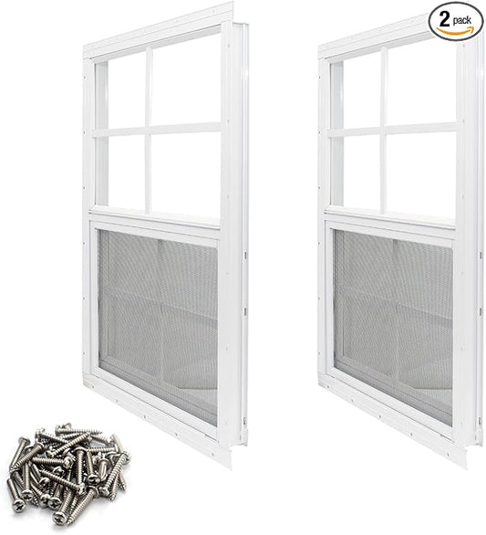 NeatiEase 2 Pack Shed Window, 12 x 18 Flush Mount Window with Tempered Glass and Fiberglass Screen for Shed, Chicken Coop, Playhouse, Household, Garage