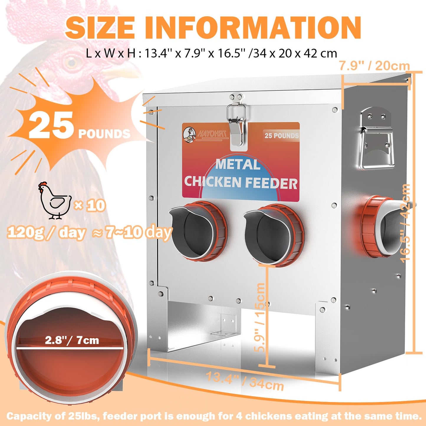HAYOHRT Automatic Chicken Feeder No Waste 25 Pounds 4 Ports Metal Poultry Feeder with Latch & Handle for Chickens Bantams Pheasants Poultry Coop Weatherproof