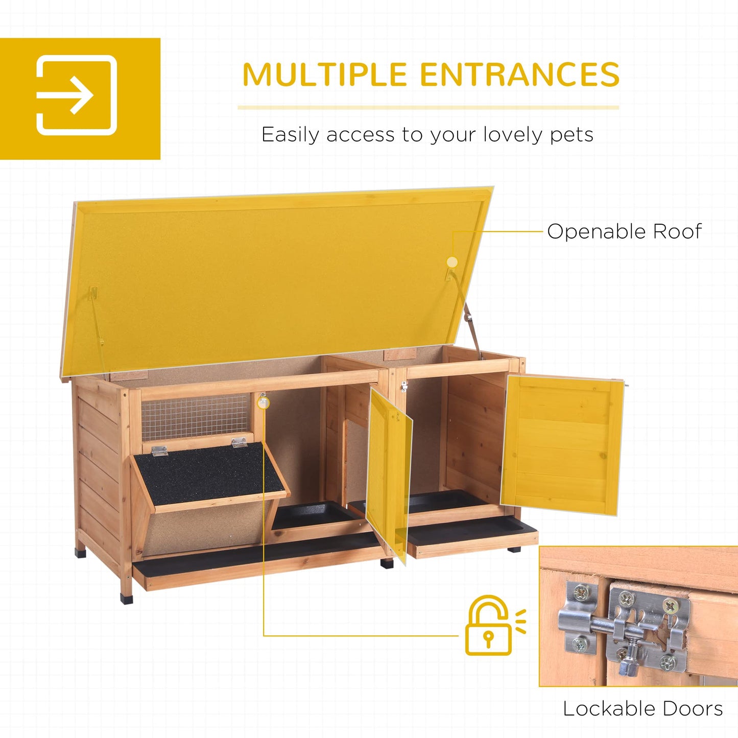 PawHut Wooden Rabbit Hutch Bunny Hutch Cage Guinea Pig with Waterproof Roof, No Leak Tray and Feeding Trough, Indoor/Outdoor, Natural