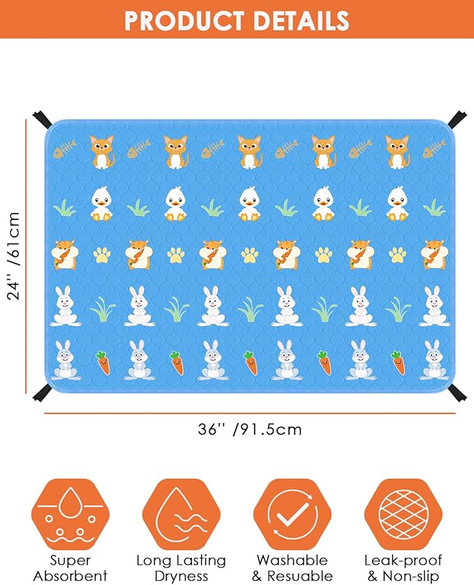 Bissap 2 Packs Guinea Pig Cage Liners, 24''X36'' Washable Guinea Pig Pee Pads Non Slip Reusable Fast and Super Absorbent Bedding for Small Animals Rabbit Hamster Chinchillas Rat - Blue