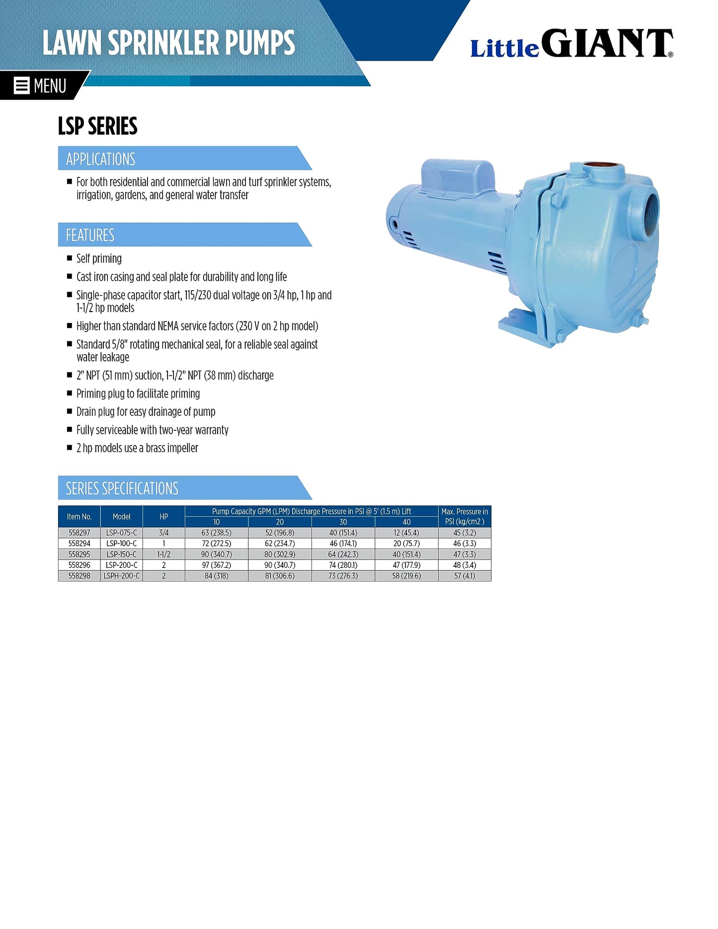Little Giant LSPH-200-C 2 HP, 230 Volts, 84 GPM, 57 PSI High Pressure Sprinkler/Irrigation Pump, Blue, 558298