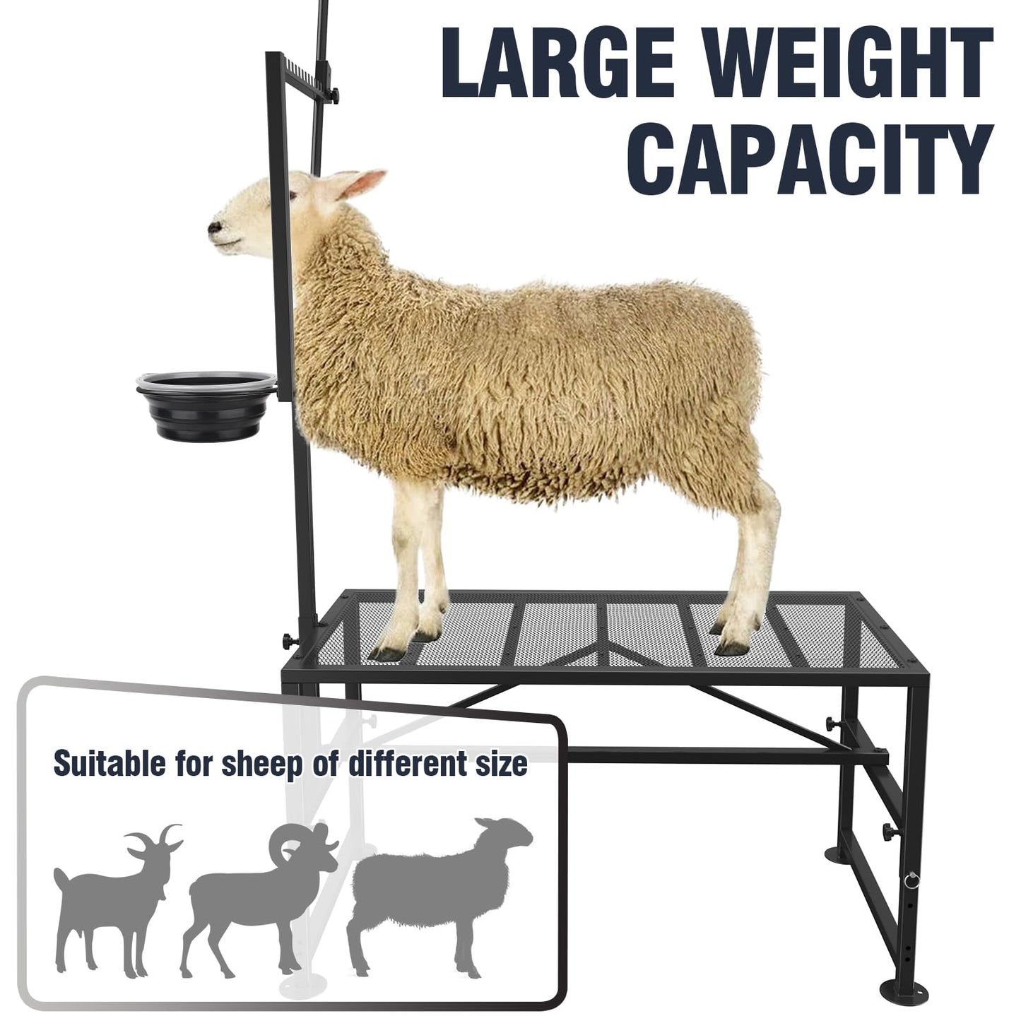 Bknius Goat Stand with Feed Bin for Milking, 600LBs Goat Trimming Stand, Livestock Table for Sheep Trimming Hoof and Milking, Iron Black, Adjustable Size