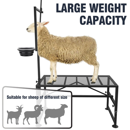 Bknius Goat Stand with Feed Bin for Milking, 600LBs Goat Trimming Stand, Livestock Table for Sheep Trimming Hoof and Milking, Iron Black, Adjustable Size
