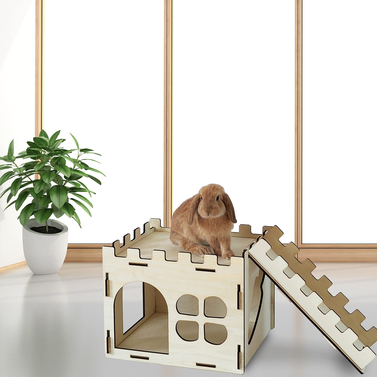 HIIMALEX Extra Large Sturdy Bunny Castle Hideout for Indoor Rabbits Play House with Stairs Round Edges Detachable Habitats for Rabbit Guinea Pig Chinchilla Hedgehog