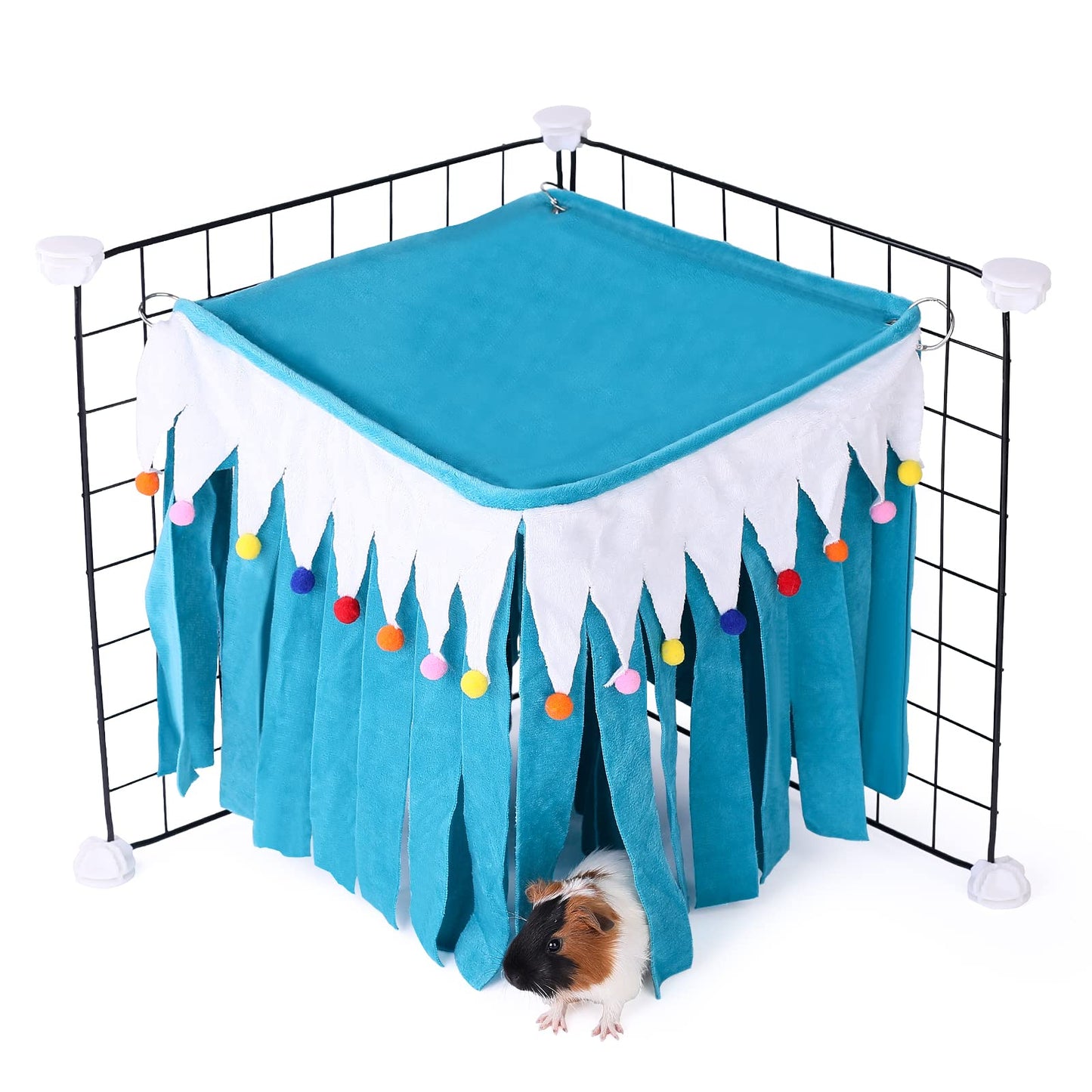 ONEJU Guinea Pig Hideout - Guinea Pig Corner Hideout, Four-Sided Fringes, Square Top and Washable Hides, Ideal Hides for Small Pets, No Metal Fences, Blue