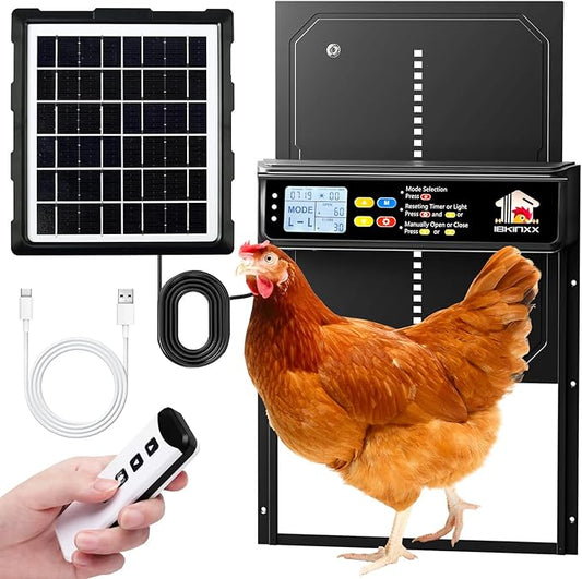 Automatic Chicken Coop Door Solar Powered with Timer, Light Sensor, Remote Control, LCD Display, Aluminum Alloy 4 Auto Modes Wide Solar Chicken Coop Door, Anti-Pinch, Weatherproof, USB Backup, Black