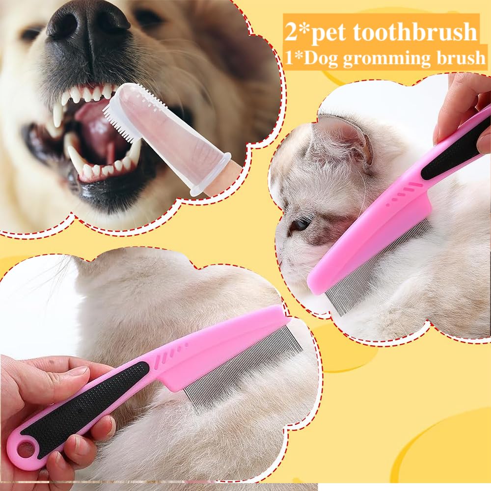 Qubccum 7 Pcs Cat Dog Brush Grooming Kits, Self-Cleaning Slicker Brush, Pet Nail Clipper and File, Flea Comb, Pet Shampoo Bath Brush, Pet Finger Toothbrush, Storage Bag (Pink)