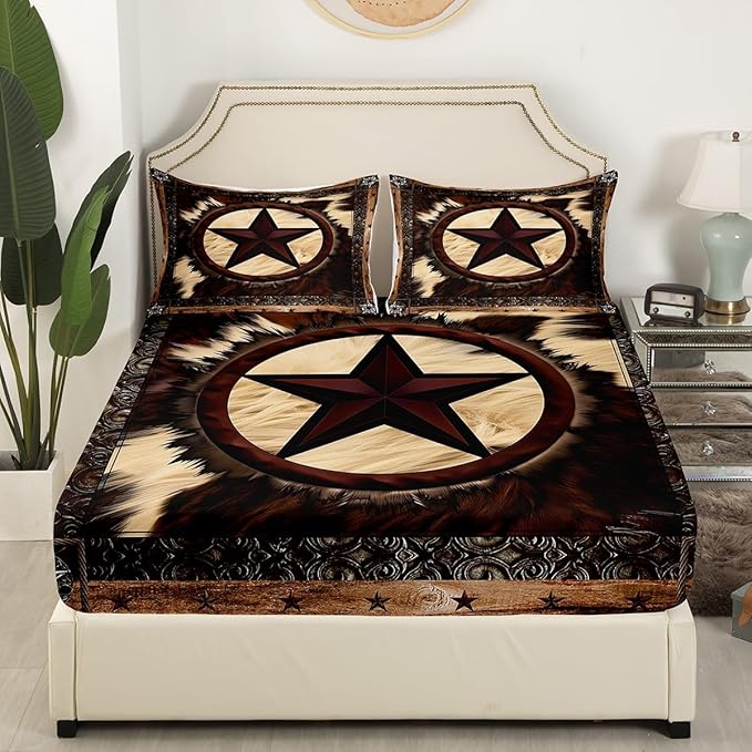Cow Sheet Set Twin for Rustic Decor,Western Texas Star Bed Sheets for Cowboy Cowgirl,Vintage Cowhide Bedding Set,Farmhouse Highland Cow Fitted Sheet + Flat Sheet + 1 Pillowcase Bedroom Decor