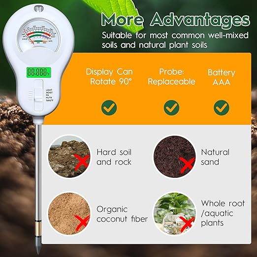 6-in-one Soil Test Kit-Soil Moisture Meter/PH Meter/Fertility/Sunlight Intensity Soil Tester, LCD Air Hygrometer&Temperature Moisture Meter for Plants-Garden, Lawn,Farm,1 Pack Detachable Probe