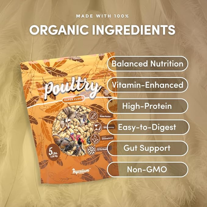 Mycelium Poultry Super Flock Feed (5 LB Bag) | High-Protein Poultry Feed with Probiotics & Vitamins | Supports Growth, Feather Health & Gut Function | Non-GMO, Made in USA