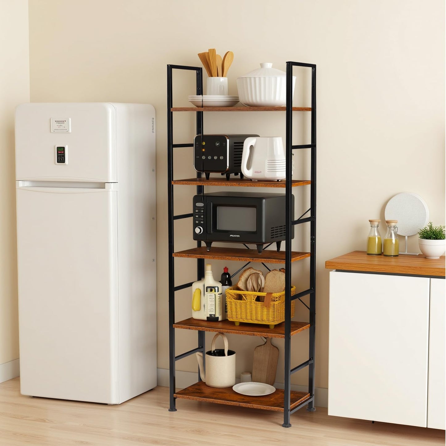 Sweetcrispy 5-Tier Industrial Bookshelf, Rustic Wood and Metal Bookcase with Open Shelves, 62.2-Inch Tall Storage Rack for Living Room, Home Office, Bedroom, Display and Organization, Brown