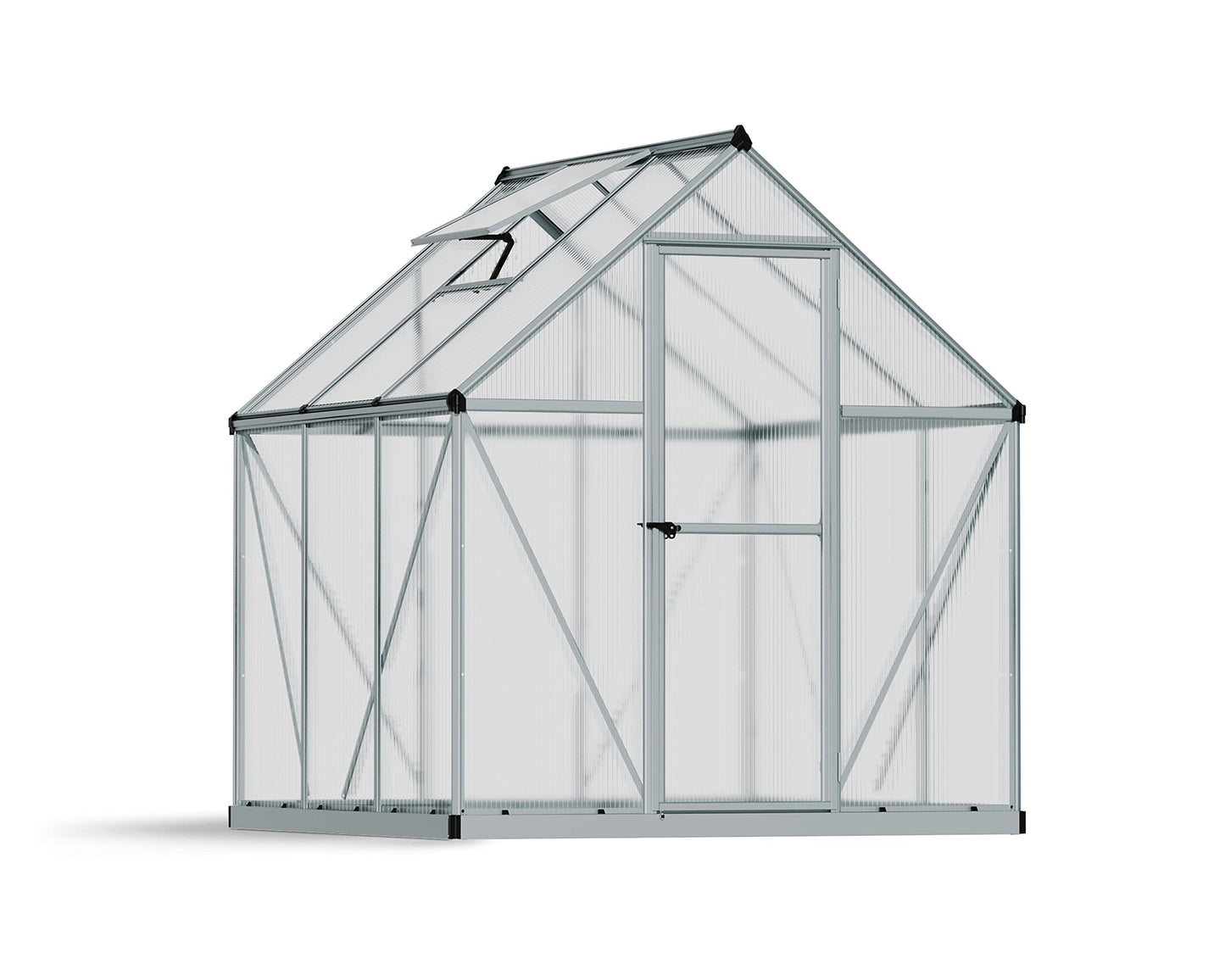 Canopia 6x6 Greenhouse Kit, Hobby Walk-In Twin-Wall UV Polycarbonate Heavy Duty Aluminum Frame, Lockable Door, Adjustable Roof Vent, Rain Gutters, Galvanized Steel Base, Mythos (Silver)