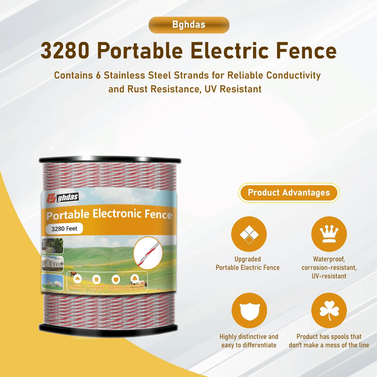 Portable Electric Fence Polywire 3280 Feet 1000 Meter, for Fencing Livestock, Farm Animals, Horses, Deers, Farm Animals, Gardens, Good Conductivity and Waterproof, Coyote-Proof, Crossing-Proof